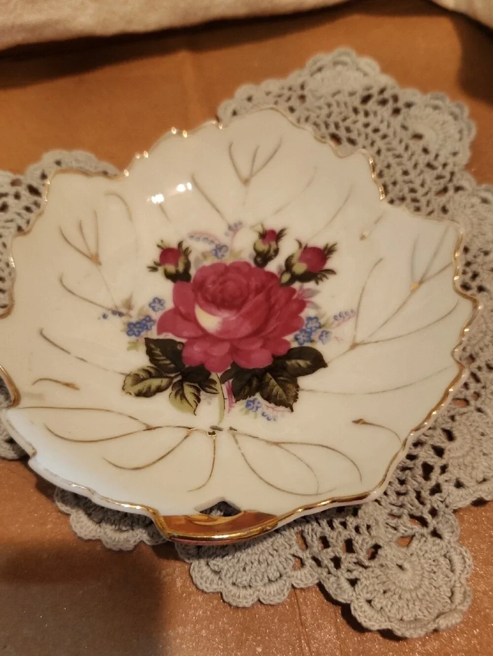 White Porcelain Rose Decorative Dish Or Butter Pat with Pink Floral Accent